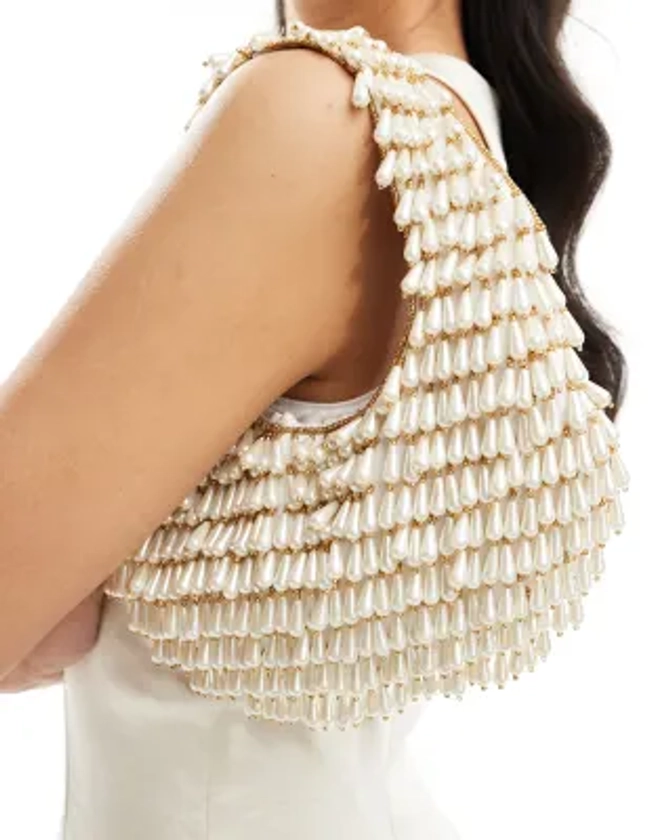 True Decadence faux pearl drop embellished shoulder bag in cream