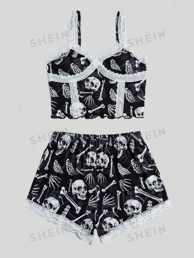 Stayhoom Project Goth Conjunto de pijama con estampado de calavera y encaje contrastante, escuela