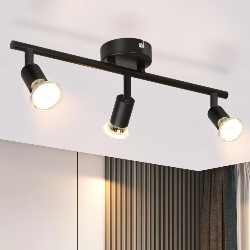 Spot de Plafond LED, Plafonnier 3 Ampoules, Spot de Plafond GU10, Spot Rotatif à 330°, Spot Mural, Applique Murale, Noir