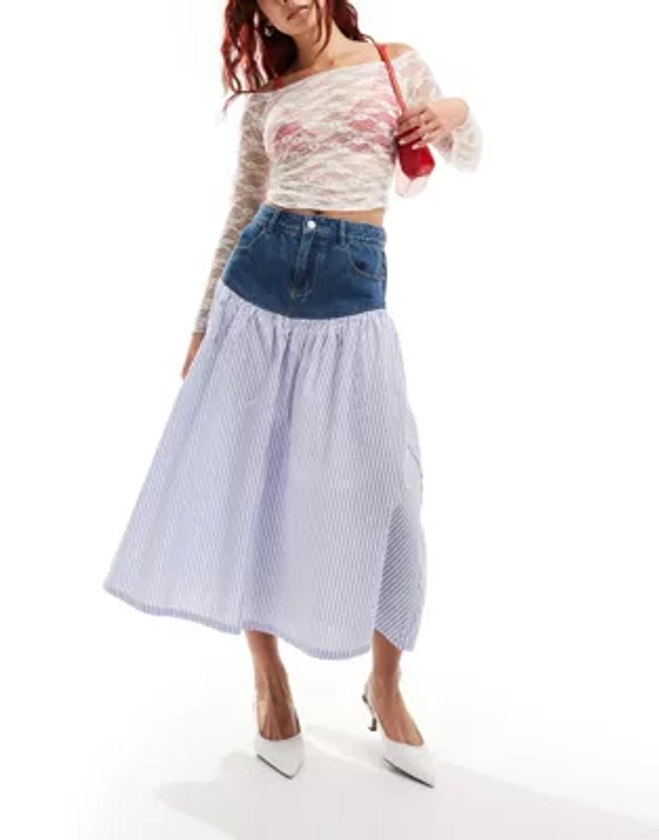 Urban Revivo stripe spliced denim midaxi skirt in blue | ASOS