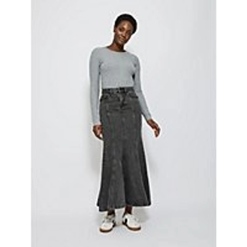 Black Flared Denim Midi Skirt