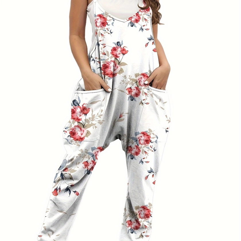 Plus Size Floral Print V Neck Jumpsuit, Elegant Side Pockets Slim Cami Sleeveless Jumpsuit For Spring &amp; Summer, Women&#39;s Plus Size Clothing
