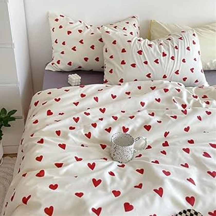 Michorinee Housse de Couette Cœur 220x240 Rouge avec 2 Taies d'oreiller 65x65 cm - Parure de Lit Rouge et Blanche en Microfibre - Linge de Lit 2 Personnes Adulte avec Fermeture Éclair