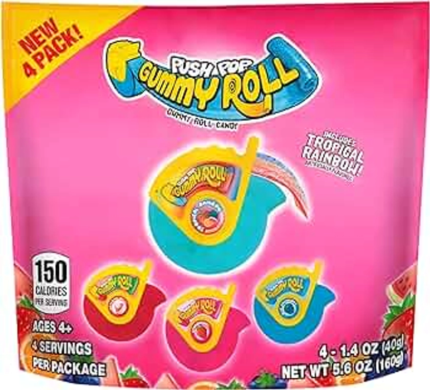 Push Pop Gummy Roll 4 Count Variety Pack - Individual Gummy Candy with Assorted Fruity Flavors - Fun Candy for Celebrations, Party Favors, Birthdays, and Gifts