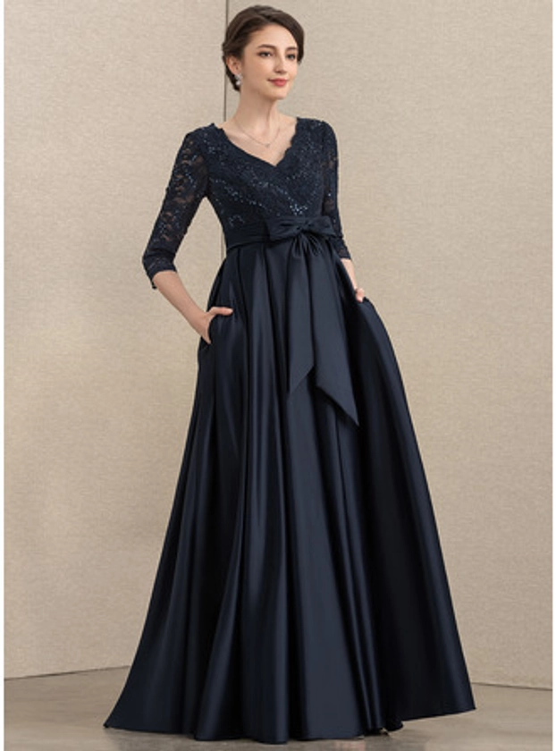 [US$ 219.00] A-line V-Neck Floor-Length Satin Lace Mother of the Bride Dress With Bow Sequins (008195408)