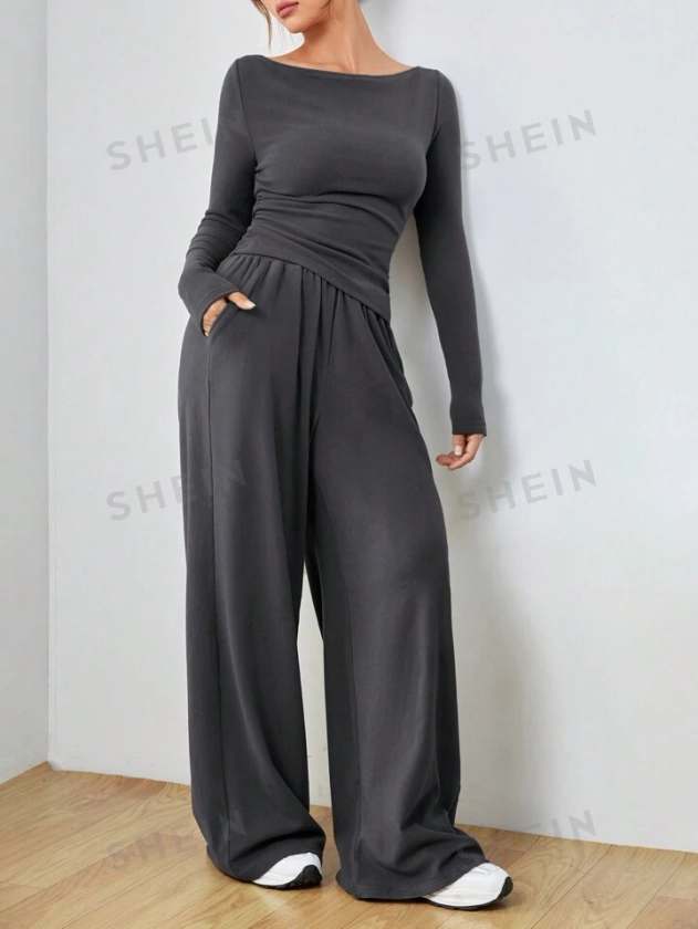 SHEIN EZwear Women's Knitted Slim Fit Suit Set, Dark Grey | SHEIN USA
