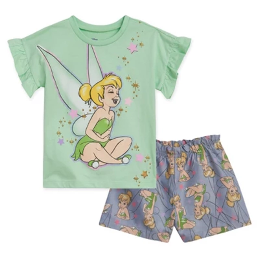 Disney Classics Tinker Bell Toddler Girls T-Shirt and Chambray Bike Shorts Outfit Set Green / Blue 4T