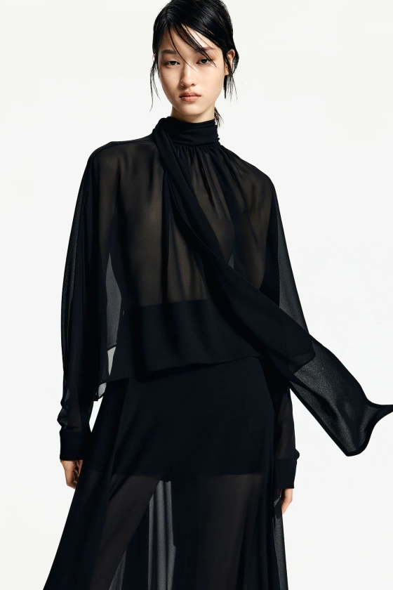 Blouse en mousseline avec col à nouer - Noir - FEMME | H&M FR