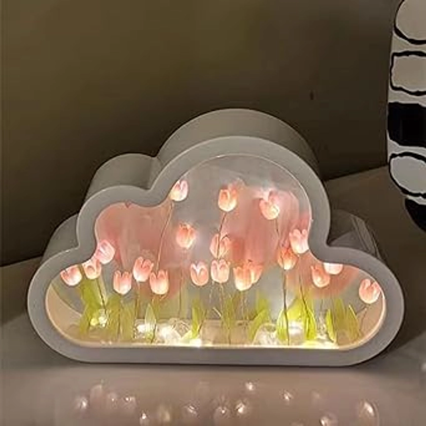 DIY Cloud Tulip Mirror Night Light, Simulation Flower Bedroom Cloud Tulip Table Lamp, Creative Home Decoration, Room Decor for Teen Girls(Pink)