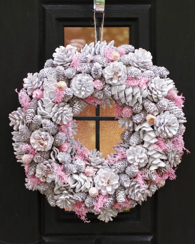 Christmas Decorations | Silver and Pink Amelia Pinecone Xmas Door Decoration Winter Autumn Wreath, Christmas Wreath 39cm | Dibor