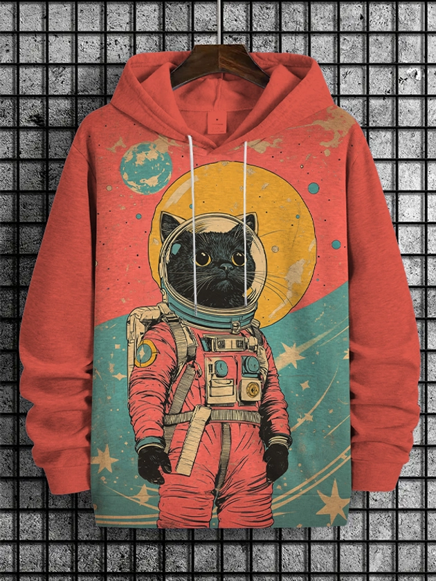 Men's Black Cat Astronaut Color Block Art Print Casual Hoodie