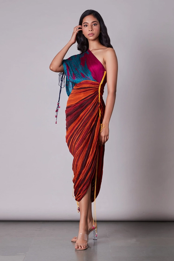 Buy Multi Color Cotton Silk Embroidery Asymmetric One Shoulder Saree Dress For Women by Saaksha & Kinni Online at Aza Fashions.