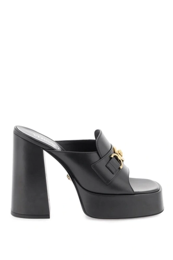 Versace Medusa Aevitas Leather Platform Mules In Black/gold | ModeSens