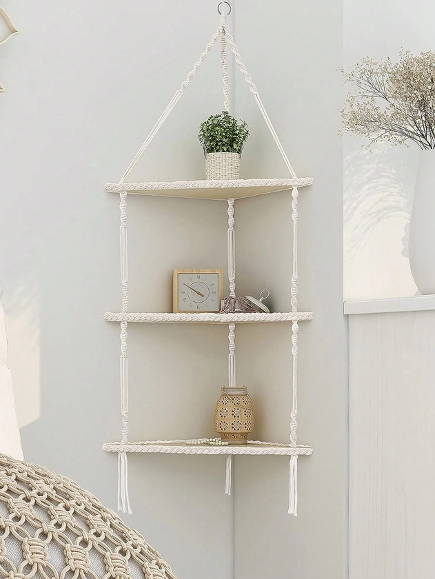 1pc Corner Shelves , Boho Handmade Woven White Rope Beige Hanging Floating Shelf Decor Display Storage Organizer For Bedroom Bathroom Office Living Room