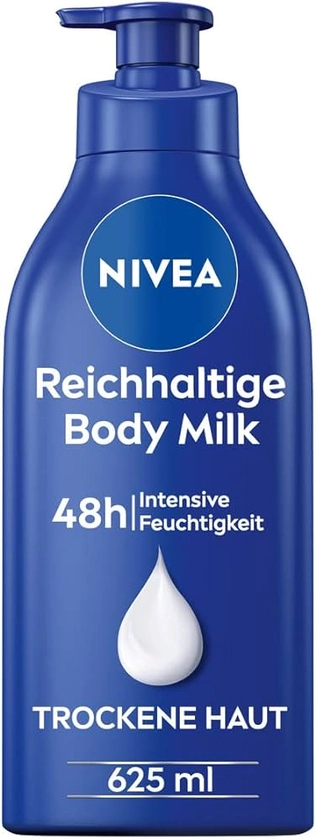 NIVEA Reichhaltige Body Milk (625 ml), für 48h Feuchtigkeitspflege, Lotion mit 5 in 1 Formel für trockene Haut mit Tiefenpflege Serum, Mandelöl und Vitamin E