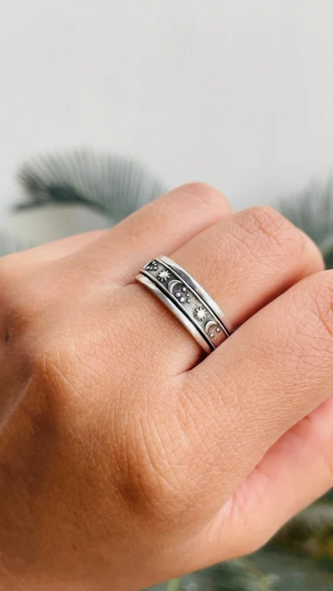 Sun Moon Spinner Ring, 925 Silver Ring, Meditation Ring, Spinning Ring, Anxiety Ring, Popular Ring, Fidget Ring, Handmade Ring Women, SK61