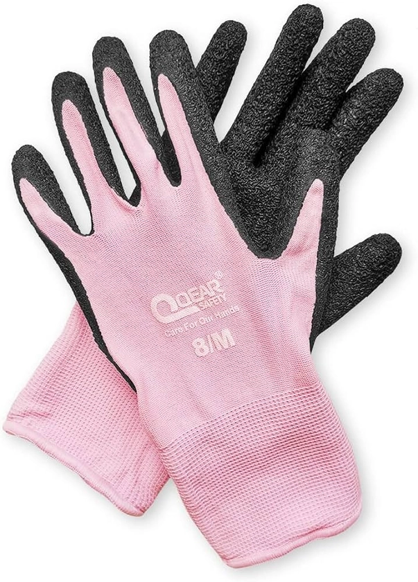 QEARSAFETY 3 Pairs Lady Garden Work Gloves, Pink, Latex Rubber Palm Coated, Muti-Function, Abrasion, Grip, Fit to Hand, Dexterity, Home General Purpose Work,Women (Small)