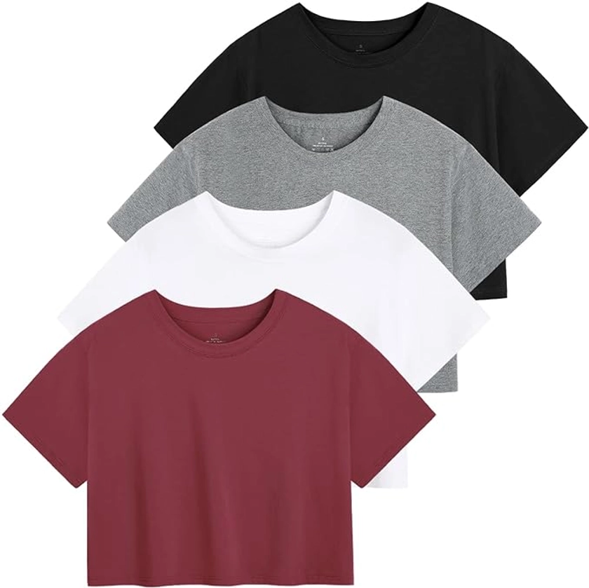 Cosy Pyro 4-Pack Women's Cotton Crop T-Shirts Short Sleeve Solid Cropped Athletic Top Round Neck Casual Workout Yoga Tees Black/White/Gray/Wine L at Amazon Women’s Clothing store