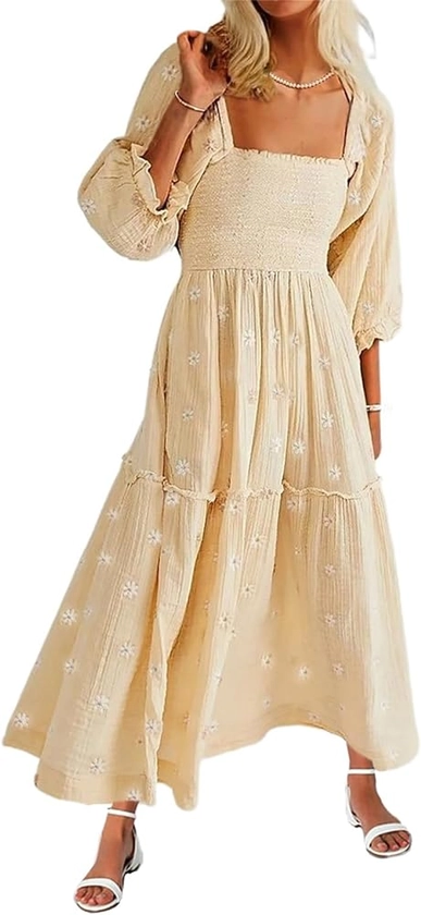 AnotherChill Women's Casual Embroidered Maxi Dress Floral Flowy Square Neck Dresses with Puff Sleeves for Summer 2023