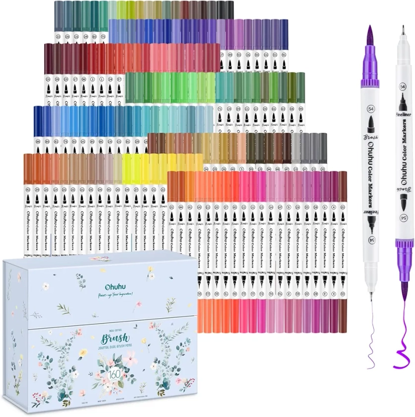 Ohuhu 160 Feutre Coloriage Adulte, Aquarelle Stylos Feutres Double Pointe Fine et Pinceau pour Calligraphie Mandala Dessin Colorant, Maui – Boîte Blanche