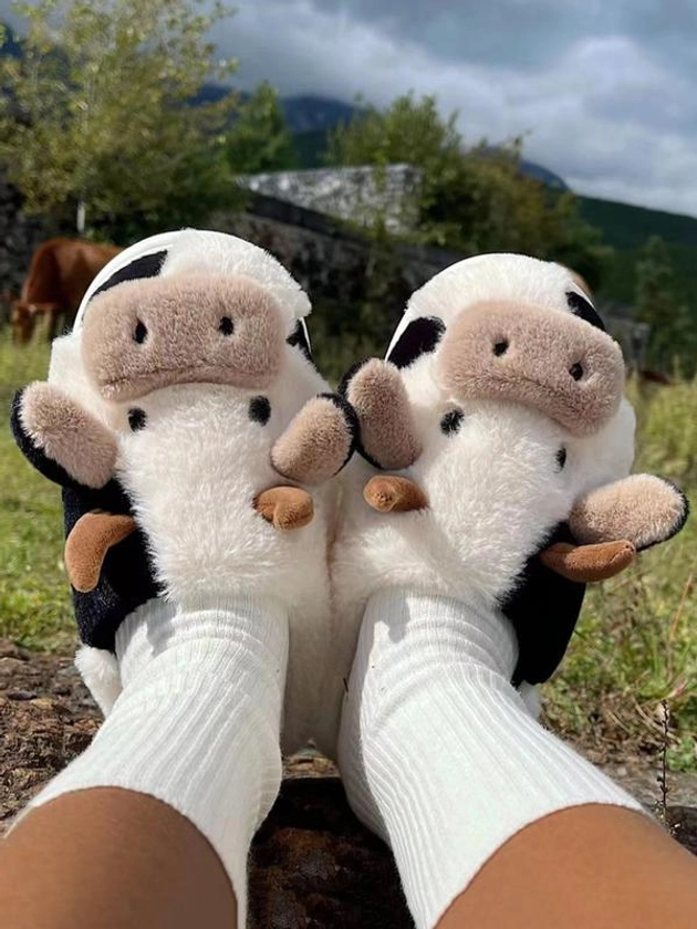 Women's Cute Cozy Fuzzy Plush Cow Slippers for Galentinesparty, Matching Soft Comfortable Fluffy House Slippers, Warm Slippers for Indoor & Outdoor Use for 2023 Fall & Winter