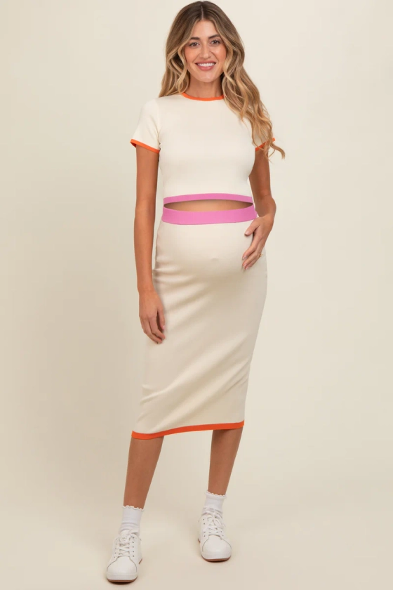 Cream Colorblock Crop Top and Skirt Maternity Set