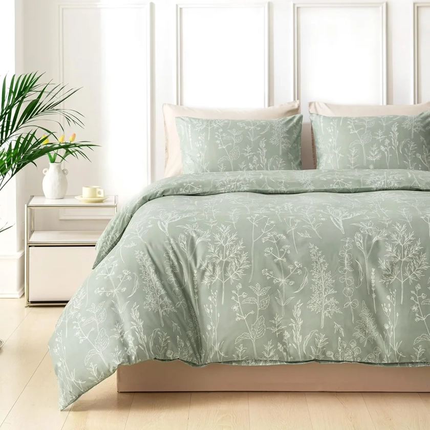 Tokokimo Sage Green Single Duvet Cover Set - Floral Bedding Set 3pcs, Textured Green Single Bedding Sets with Pillowcase, Soft Microfiber Single Duvet Cover 135x200 cm, Green/Floral