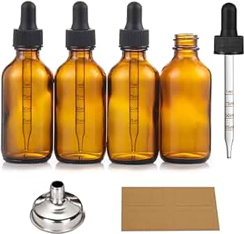 4 Pack 2 oz Glass Dropper Bottles with Measured Dropper - 60ml Dark Amber Tincture Bottles with Graduated Calibrated Glass Eye Droppers (1ml) for Essential Oils, Liquids - Leakproof Travel Bottles