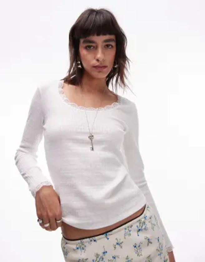 Topshop lace pointelle long sleeve top in white | ASOS