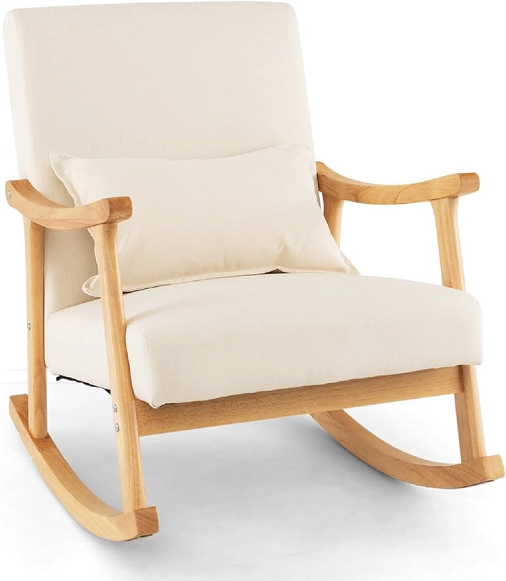 COSTWAY Relax Rocking Chair, Linen Fabric Upholstered Rocker Accent Chair with Lumbar Pillow, Solid Wood Modern Leisure Lounge Armchair for Living Room Bedroom Nursery (Beige+Natural, 78 x 66 x 83cm)