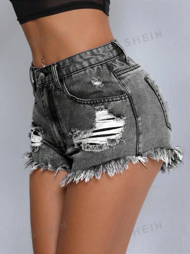 SHEIN PETITE Ladies" Casual Denim Shorts With Frayed Hem, Ripped Detail And Pockets