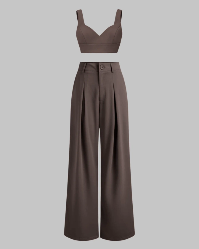 Set Of Two Cropped Top With Korean Style Baggy Trouser In Dark Brown