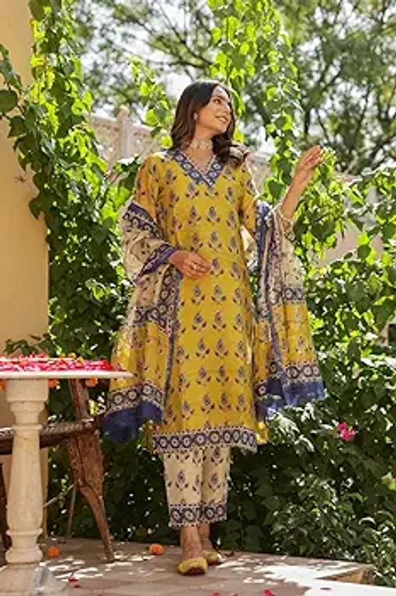 Buy GoSriKi Women's Cotton Blend Straight Printed Kurta with Pant & Dupatta (Uchiha Mustard-GS_M_Mustard_Medium) at Amazon.in