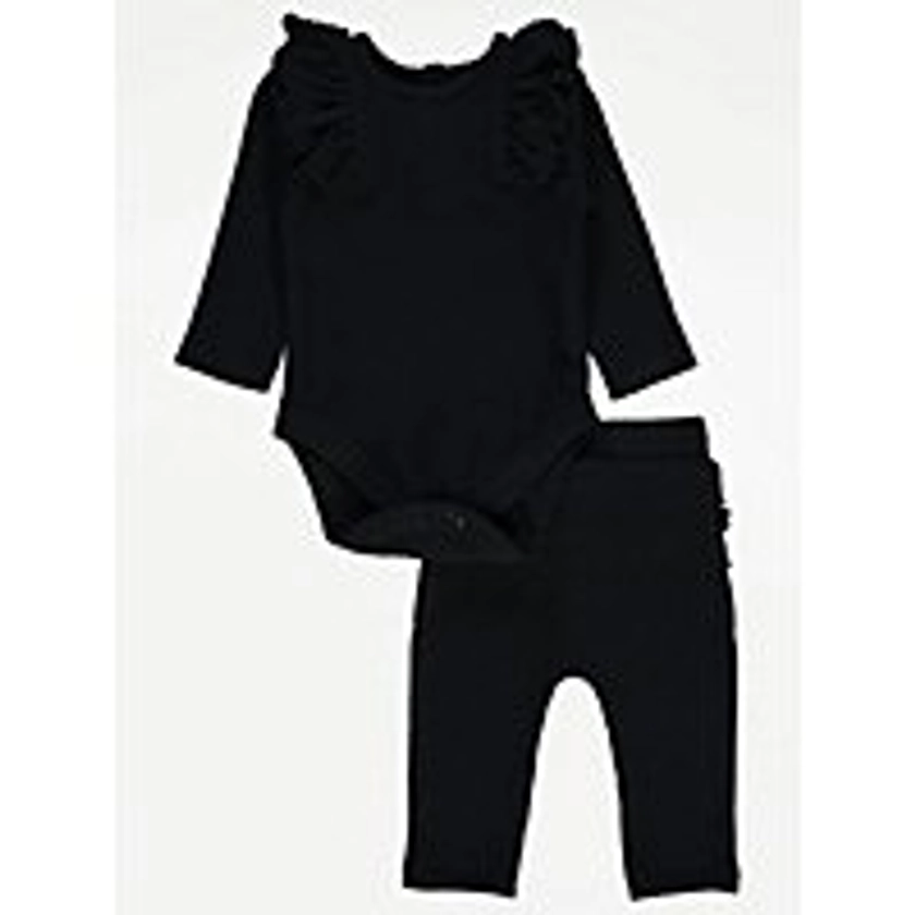 Black Ribbed Knitted Frill Bodysuit and Leggings Set