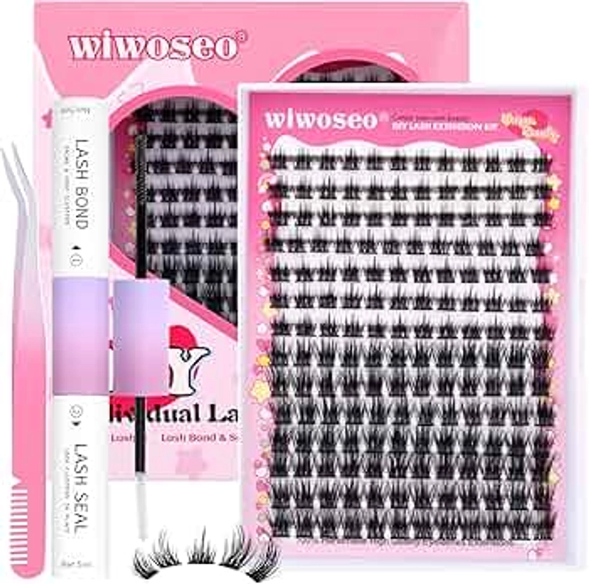 wiwoseo False Eyelashes Cluster Lashes Extension Kit Natural DD Curl Individual Lashes Kit Eyelash Extension Kit with Bond and Seal Lash Glue 144pcs Lash Clusters Kit for Beginners