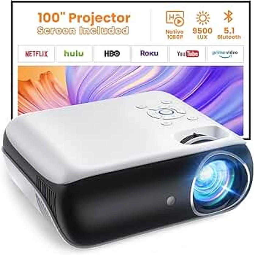 HAPPRUN Projector, Native 1080P Bluetooth Projector, Portable Outdoor Movie Projector, Full HD Mini Projector with Speaker for Home Bedroom, Compatible with Smartphone,HDMI,USB,AV,Fire Stick,PS5