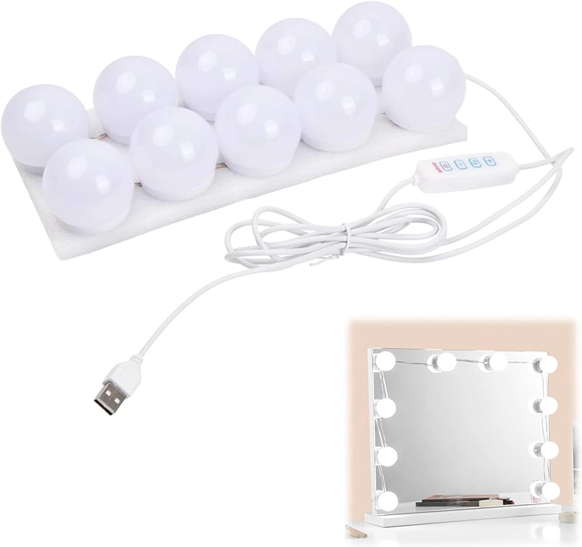 Pagezol Vanity Mirror Lights Kits, 10 Bulbs Hollywood Style LED Makeup Lights with USB Cable, 3 Colour Changing & 9-Level Brightness, Make up Light for Dressing Table Room, Bathroom, Bedroom : Amazon.co.uk: Lighting