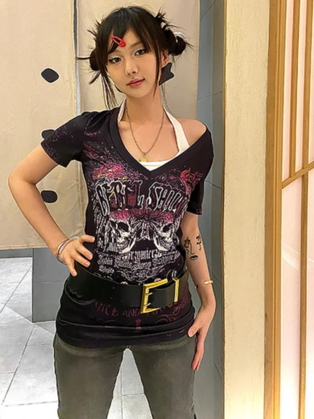 Gothic Punk T-shirt Women Y2k Aesthetics V Neck Slim Tops Summer Harajuku Fairy Grunge Streetwear Vintage Tshirt Camisetas Tees