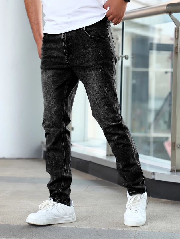 Men's Trendy Denim Jeans, Casual High Stretch Breathable Streetwear Slim Fit Trousers For Outdoor