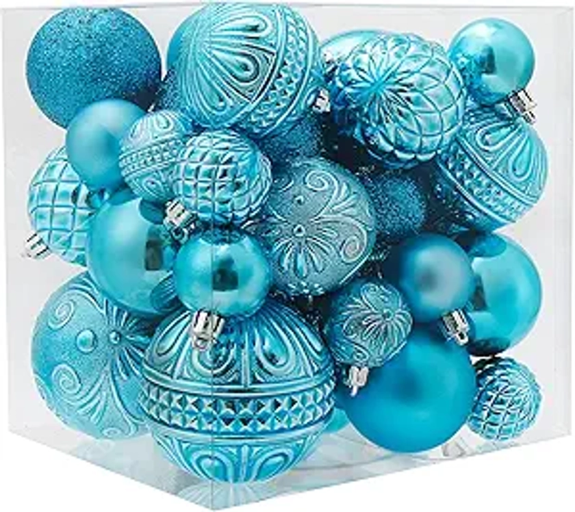 Christmas Ball Ornaments Baby Blue Christmas Tree Decorations with Hang Rope-36pcs Shatterproof Christmas Ornaments Set with 6 Styles in 3 Sizes(Small Medium Large)