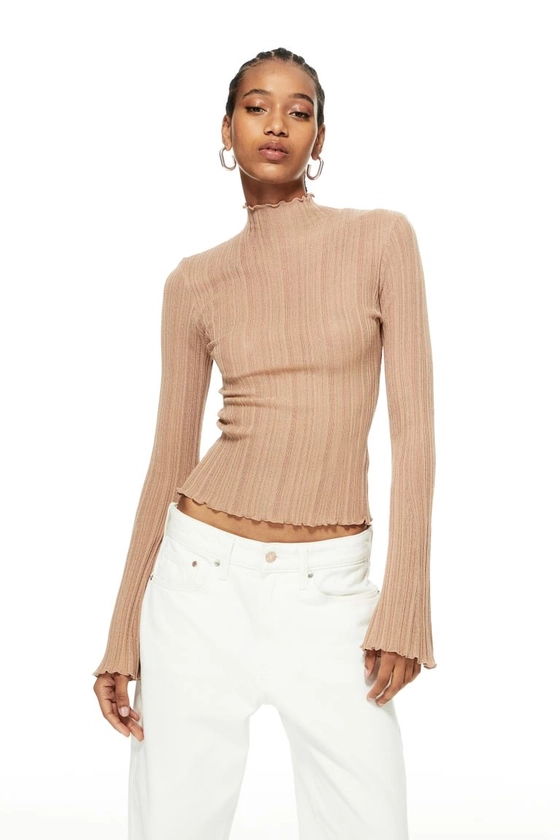 Top en maille côtelée avec col cheminée - Beige foncé - FEMME | H&M FR