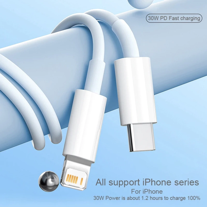 Câble de chargement PD 30W pour iPhone 14 13 12 11 Pro Max Mini X XR XS Plus, USB Type C pour éclairage, charge rapide, accessoires de ligne de données