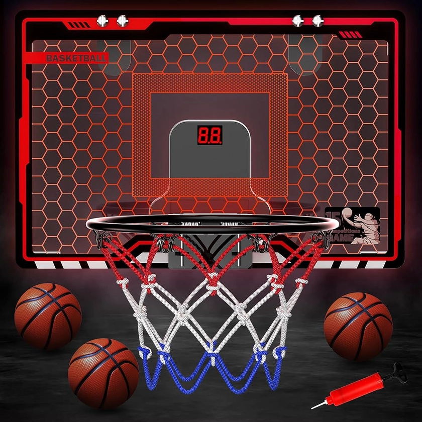 Hot Bee Basketball Hoop for Kids, Mini Basketball Hoop, Indoor Basketball Hoop for Bedroom with Net, Lights, Electronic Scoreboard and 3 Balls, Cool Stuff for Bedrooms, Basketball Gifts for Boys