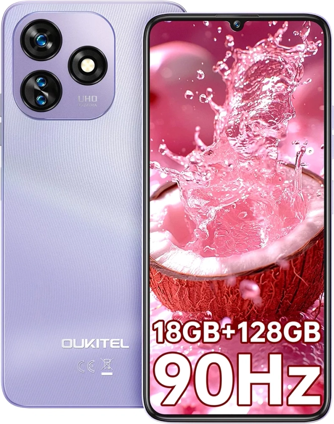 OUKITEL C51 Téléphone Portable - 6.8 Pouces, 5150mAh Téléphone Portable Pas Cher 4G,18 Go (6+12) ROM +128Go, Smartphone Android 13,Octa Core,13MP+5MP/Double SIM/Face ID/GPS/2Ans de Garantie,Violet