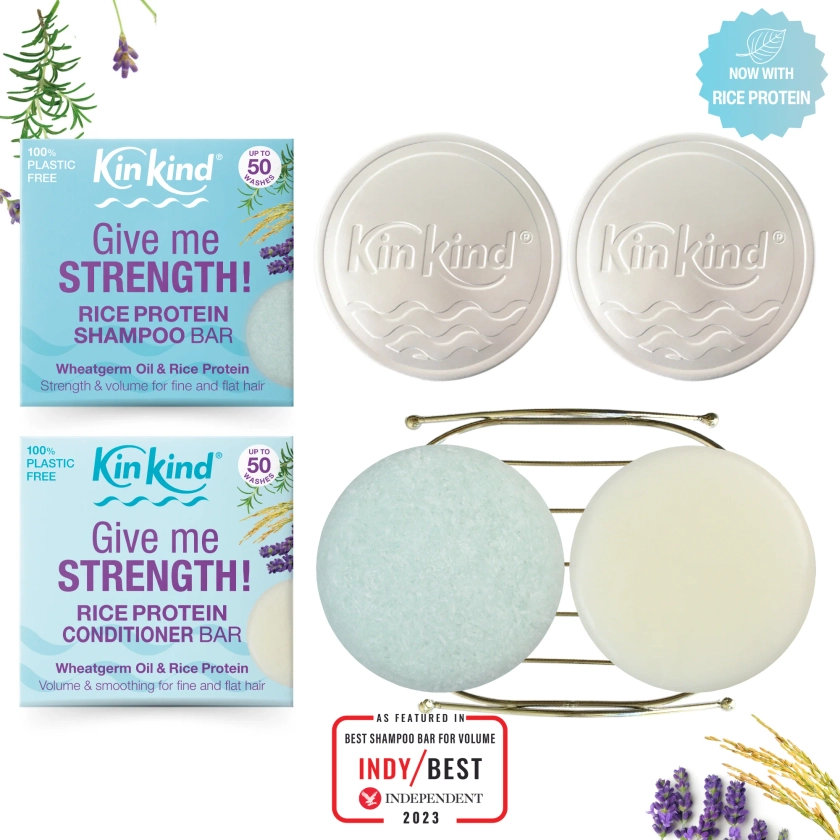 Give me STRENGTH! BEAUTY GIFT SET. Volume & Strength for fine, flat and thin hair. Shampoo bar + Conditioner Bar, 1 Metal Storage Rack & 2 Travel Tins. Saves 4 plastic bottles!