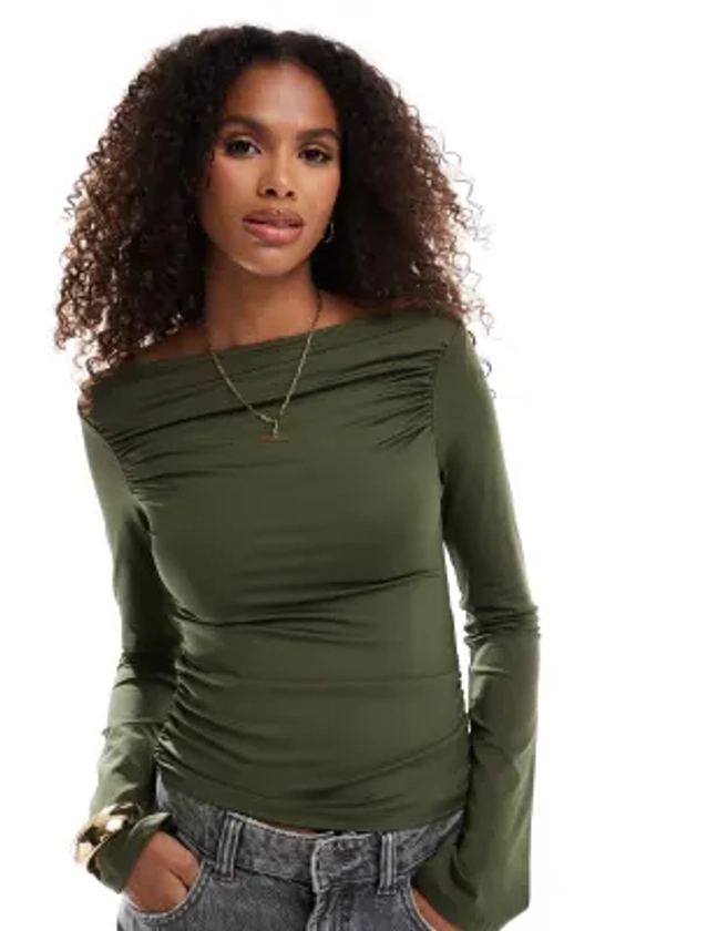 Stradivarius STR polyamide slash neck top in khaki