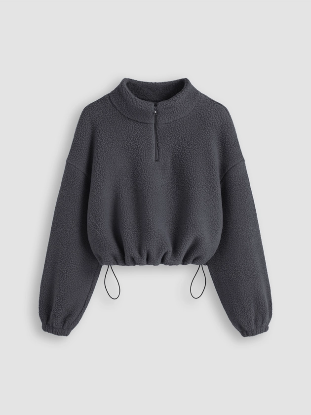 Fleece High Neck Solid Drawstring Zipper Sweatshirt