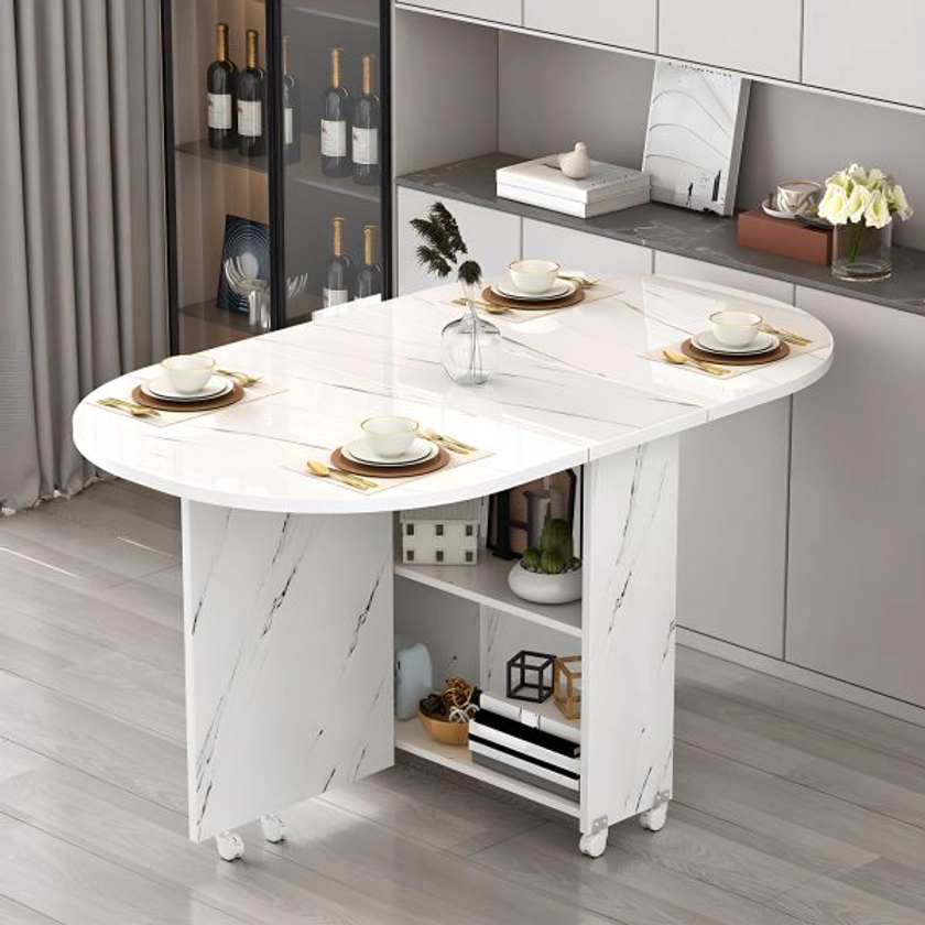 Table à manger ovale en bois avec rangement - Design moderne pliable - L 120 x l 60 x H 75 cm Gris-Blanc Motif de Marbre Sans Chaises