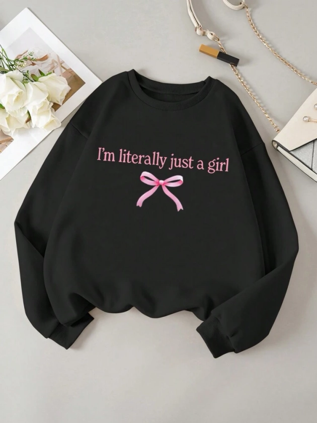 Teen Girl Oversized Long Sleeve Sweatshirt With Slogan And Bow Print, Casual Streetwear