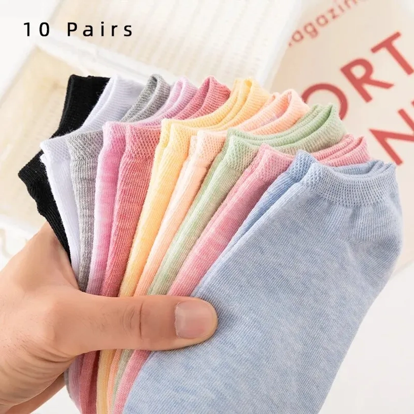 Calcetines cortos de algodón para mujer, medias deportivas de malla transpirable, tobilleras, informales, finos, color sólido, 10 pares
